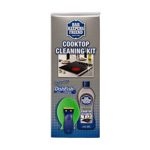 Bar Keepers Friend Ceramic & Glass Cooktop Cleaner 13 oz bottle | DishFish Dual Scrubber | BKF Flat-Surface Scraper w/Replacement Blades - Safe for Use on Glass Ceramic Cooking Surfaces, Copper, Brass
