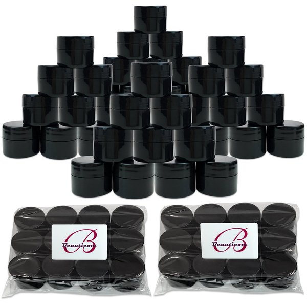 Beauticom® 96 Pieces 7G/7ML (0.25oz) BLACK Sturdy Thick Double Wall Plastic Container Jar with Foam Lined Lid for Acrylic Powder, Rhinestones, Charms and Other Nail Accessories - BPA Free