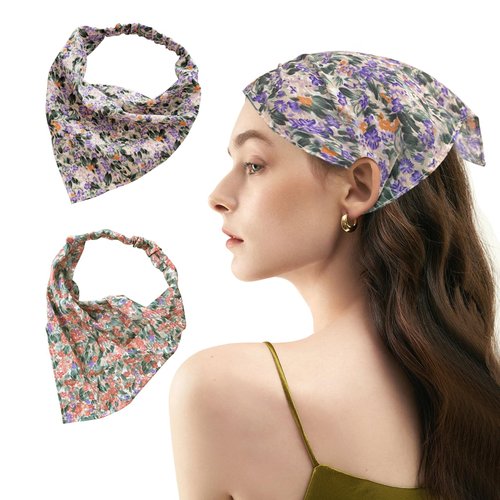 Pugnum Hair Bandanas for Women,2Pcs Boho Hair Scarf Floral Elastic Headbands with Clips Non Slip Chiffon Triangle Kerchief