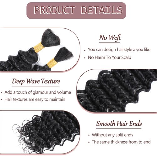 YAMI Bulk Human Hair for Braiding Deep Wave Human Braiding Hair for Boho Braids Curly Braiding Hair Natural Black No Weft Hair Extensions Human Hair 2 Braids Per Pack 100g（16inch)