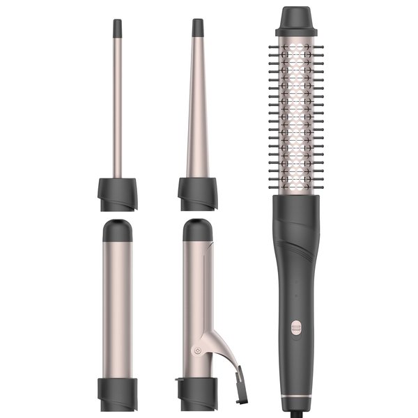 ANIEKIN 5-in-1 Curling Iron Set with Curling Brush and 4 Interchangeable Ceramic Curling Wand, Instant Heat, Include Heat Resistant Glove Comb and 2 Clips,Dual Voltage