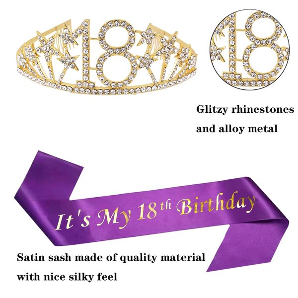 Happy 18th Birthday Tiara and Sash Gifts Crystal Rhinestone Princess Crown Birthday Girl Party Favor Supplies Gold Crowns Purple Sash