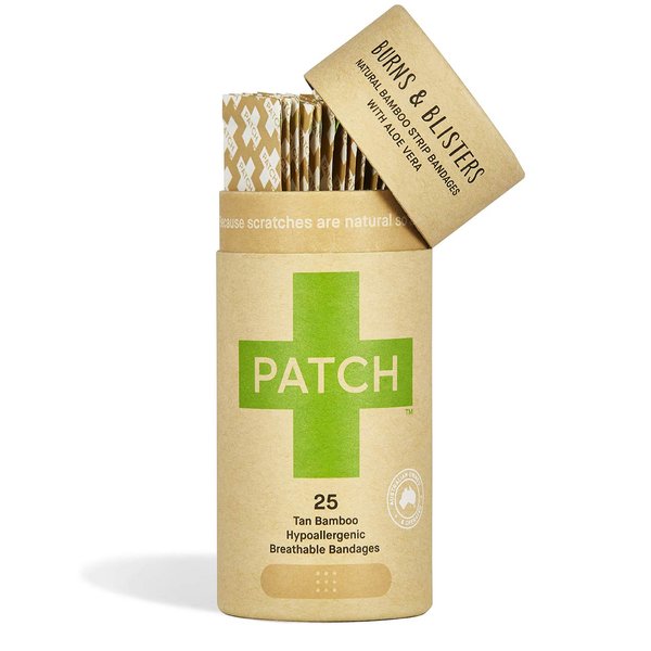 PATCH Eco-Friendly Bamboo Bandages for Burns & Blisters, Hypoallergenic Wound Care for Sensitive Skin - Compostable & Biodegradable, Latex Free, Plastic Free, Zero Waste, Aloe Vera, 25ct