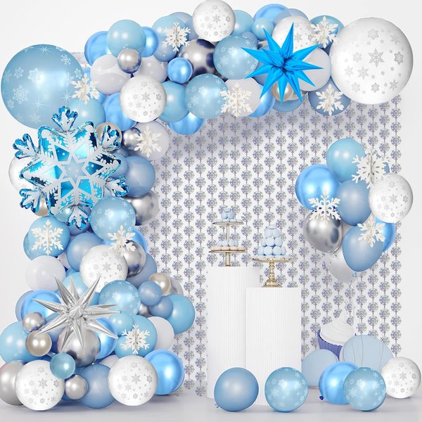 MEHOFOND Winter Wonderland Balloons Garland Arch kit, Silver Snowflake Foil Curtains, Blue Silver Snowflake Balloons Set for Little Snowflake Baby Shower Birthday Party Decoration