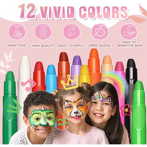 Beesjuy Face Painting Kits for Kids,12 Color Water Based Face Paint Kit, Washable Kids Body Paint for Makeup, for Birthday, Halloween, Thanksgiving Day, Cosplay Makeup, Gifts for Kids/Children