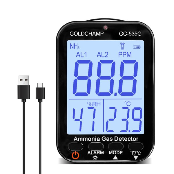 Ammonia Gas Meter NH3 Gas Monitor Sensor Range 0-100ppm, Resolution 0.1ppm with Temperature(℉/℃), Humidity, Backlight Display, Dual Alarm for Poultry, Farm, Home GC-535G