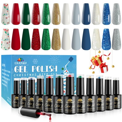 EBANKU Gel Nail Polish Kit, 12 Colors Gel Polish Kit Red Green Gel Polish Glitter Blue Silver Gel Polish Set Christmas Nail Polish Kit DIY Manicure Set For Holiday Nail Art Decoration