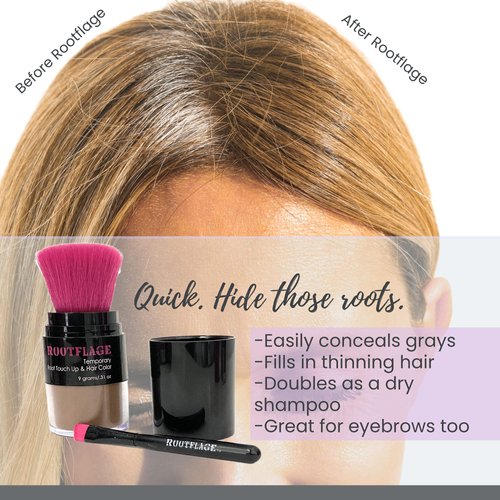 Rootflage Root Touch Up Hair Powder - Temporary Hair Color, Gray Coverage, Root Concealer, Thinning Hair Filler, Dry Shampoo- Kabuki Applicator .31 oz (Light Brown)