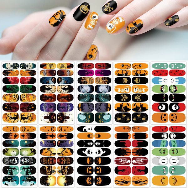 TailaiMei 10 Sheets Halloween Nail Wraps Stickers Nail Polish Strips Self-Adhesive Full Wraps with 2 pcs Nail Files for DIY Nail Art Decals (Horror Style)