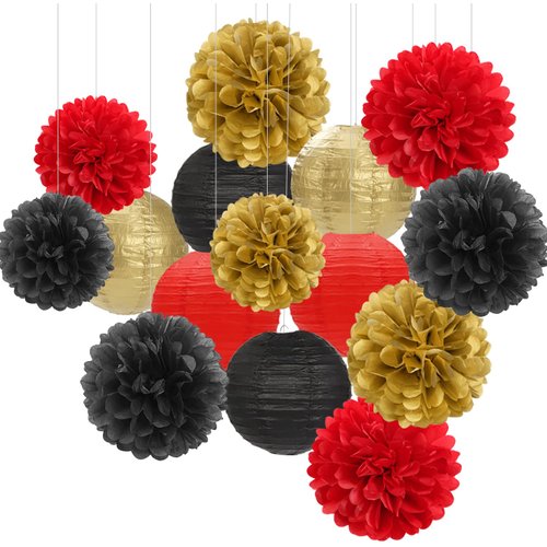 Red-Black Gold Party-Decorations Paper Flowers Lanterns - 15PCS Casino Theme Halloween Tissue Pom Poms Streamers,Game Night Women Men Birthday Wedding Bachelorette Hanging Supplies Decor Hugfond