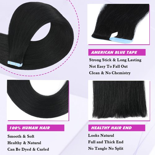 Tape in Hair Extensions Human Hair Jet Black Tape in Hair Extensions 40g Seamless Skin Weft Pu Tape in Hair Extensions 20 pieces Real Human Hair Tape in Extensions for Black Women (10Inch,Jet Black,40g/Pack)
