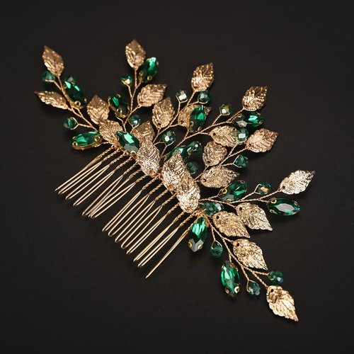 Rumtock Green Crystal Gold Leaf Hair Comb for Women Girls Wedding Bridal Hair Accessories