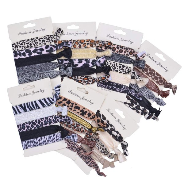 Beauty Wig World 7 Pack Elastic Ribbon Hair Ties Set 35 Pcs Leopard No Crease Ponytail Holder Hair Bands Hair Supplies Colorful Bracelet for Girl and Women Hair Accessories