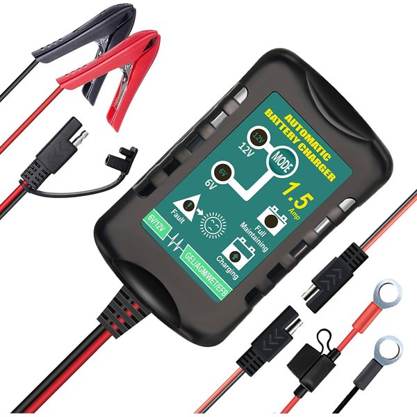 12V/6V Battery Trickle Charger Maintainer Replacement for Motorcycle, 1.5A Automatic Smart Float Battery Charger for Automotive Lawn Mower Boat Marine Tractor Snowmobile