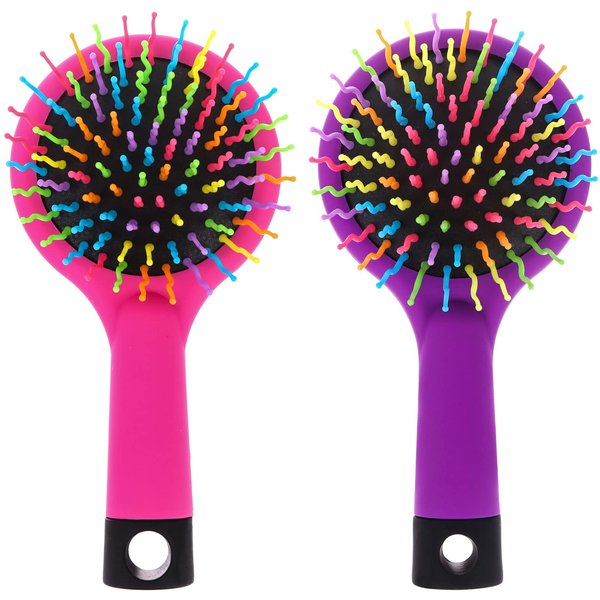 Pack of 2 Rainbow Volume Brushes Detangling Hair Brushes Hair Curl Straight Magic Combs with Mirror (Pink & Purple)