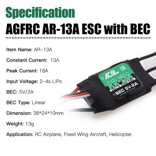 AGFRC 13A RC ESC Athlon Run Brushless Electronic Speed Controller 2-4S Lipo with 5V/2A BEC for Helicopter Fixed Wing Plane
