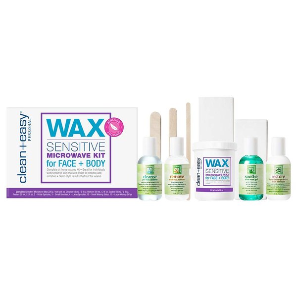 Clean + Easy Sensitive Microwave Kit for Face & Body, All-in-One Waxing Essentials for Full Body Hair Removal Treatment, Soft Wax, Easy to Prepare, Convenient to Use, Safe for Delicate Skin, 10-Pc