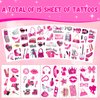 JUNEBRUSHS 15 sheets Pink Temporary Tattoos for Pink Princess Birthday Kiss Tattoos Temporary Pink for Kids Girl Woman Adult Pink Party Supplies with a Makeup Case