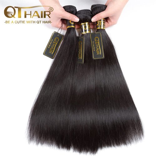 QTHAIR 14A Virgin Brazilian Straight Human Hair Extensions (14 16 18 inch,300g) 100% Unprocessed Brazilian Virgin Human Hair Weave Straight Hair Bundles Natural Color