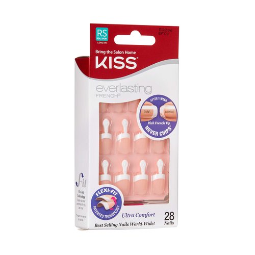 KISS Everlasting French Manicure Kit, Chip-Free with Flexi-Fit Technology, Petite Length, Clear Pink, with Pink Gel Nail Glue (Net Wt. 2 g / 0.07oz.), Mini Nail File, Manicure Stick, and 28 Fake Nails
