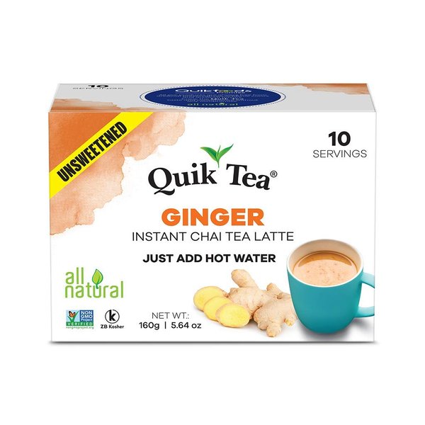 QuikTea Unsweetened Ginger Chai Tea Latte - 10 Count Single Box - All Natural & Preservative Free Authentic Instant Chai