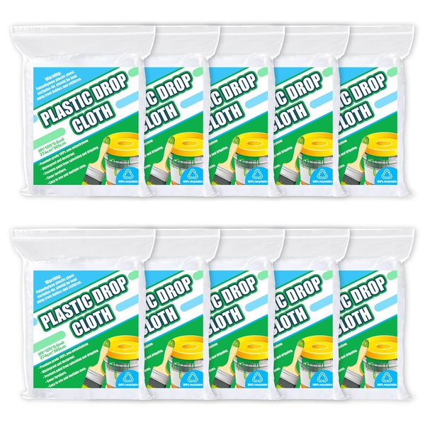 10 Pieces Plastic Drop Sheets for Painting, Plastic sheeting Waterproof Dust-Proof Clear Cloth for Furniture Cover, 9x12 Feet Tarps