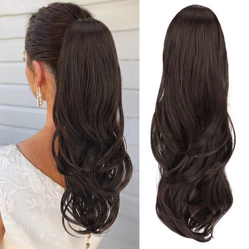KooKaStyle Ponytail Extensions Long Drawstring Wavy Clip in Ponytail Hair Extensions Layered Synthetic Hairpiece for Women(22 inch Dark Mediun Brown)