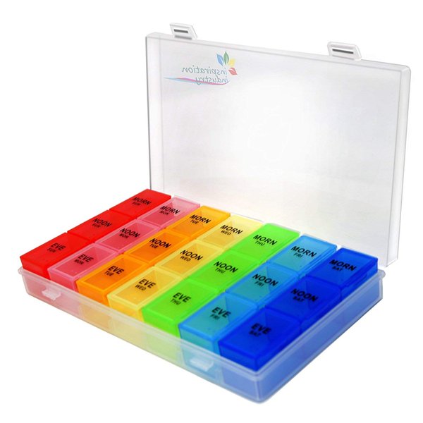Rainbow Weekly Pill Organizer with Snap Lids| 7-Day AM/PM | Detachable Compartments for Bigger Pills, Vitamin. (Rainbow)