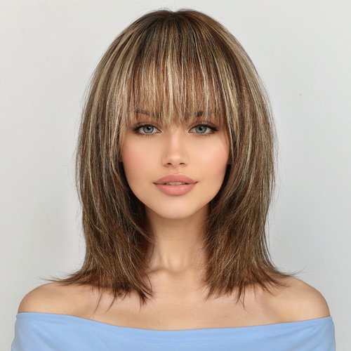 KKU 12 Inch Brown Mixed Blonde Wigs Human Hair for White Women, Remy Human Hair Wigs, Human Hair Wigs with Bangs