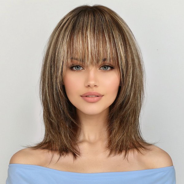 KKU 12 Inch Brown Mixed Blonde Wigs Human Hair for White Women, Remy Human Hair Wigs, Human Hair Wigs with Bangs