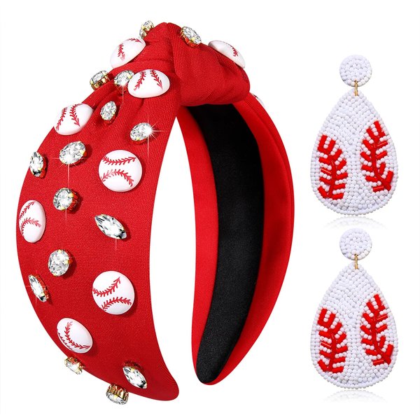 Baseball Headbands for Women Baseball Accesseories Outfits Crystal Baseball Charm Knotted Headband Game Day Wide Top Knot Headband Sports Baseball Mom Gifts (Red)