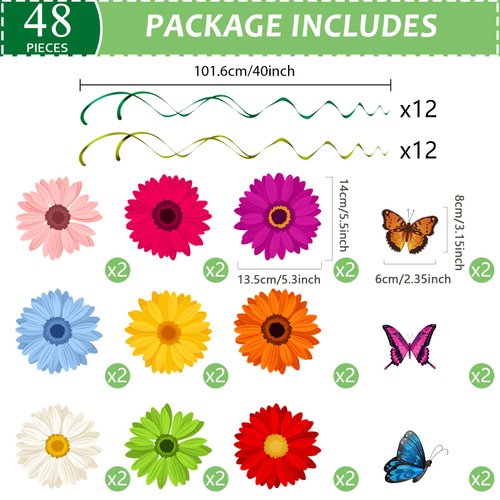 48 Pieces Spring Sun Flowers Butterfly Hanging Swirl Decorations Spirals Sunflower Party Streamers Wall Ceiling Hanging Supplies Favors Spring Summer Birthday Party Decorations