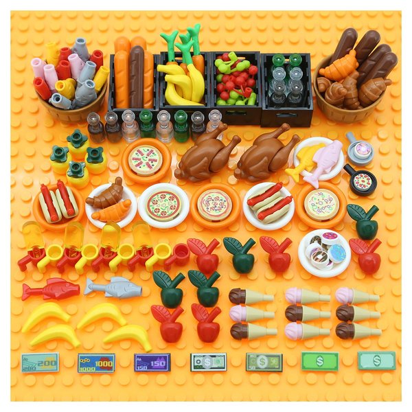 BrickBounty 188pcs City Food Bricks Set, Picnic Toys Friends Kitchen Fram Restaurant DIY Pieces Parts Ice-Cream-Cupcakes Turkey-Banana-Carrot-Bread Basket Fish