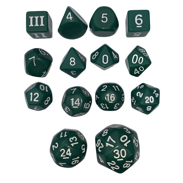 Impact! Miniatures Green - 14 Unusual DCC Dice Set Approved for Use with Dungeon Crawl Classics