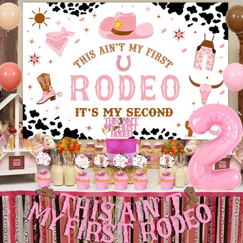 Sursurprise Western Cowgirl 2nd Birthday Decorations - This Ain’t My First Rodeo Backdrop Banners Garlands Cake Cupcake Toppers Balloons, Mexican Two Bday Party Supplies