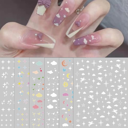 6 Sheets Star Cloud Nail Art Stickers Starry Sky Wrangler Moon Rainbow Heart Nail Decals Cute 3D Self-Adhesive Nail Decorations for Nail Art Design DIY Nail Supplies for Women Girls Kids