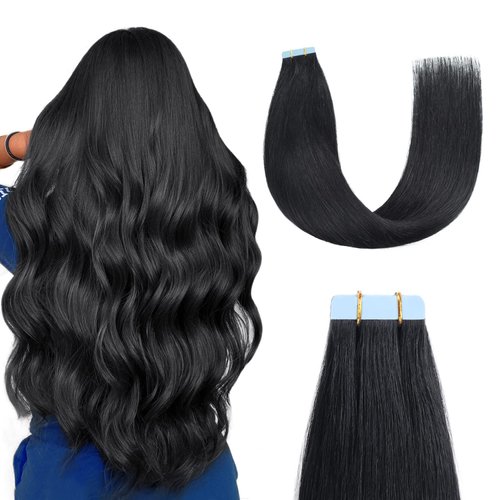 Sunya Tape in Human Hair Extensions 20 inches Silky Straight Remy Human Hair Seamless Skin Weft Tape in Hair Extensions 20 inches #1 Jet Black 50 Gram 20Pcs/Pack Soft Hair