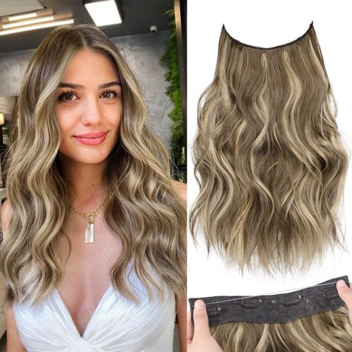 KooKaStyle Invisible Wire Hair Extensions with Transparent Headband Adjustable Size 4 Secure Clips Long Wavy Secret Wire Hairpiece 16 Inch Medium Brown Ash Blonde for Women