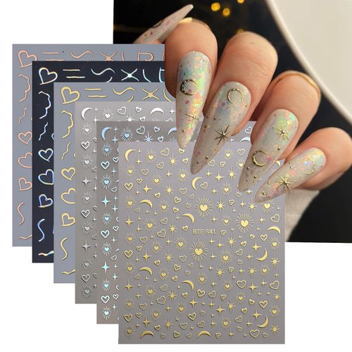 6 Sheets Metallic Nail Art Stickers Shiny Glitter Moon Star Nail Decals 3D Self-Adhesive Gold Silver Rose Gold Heart Love Nail Art Design Nail Art Supplies for Women Girls Nail Decoration Accessories
