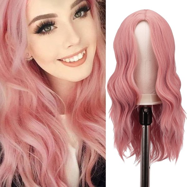 FESHFEN Long Pink Wigs for Women 22 inch Curly Wavy Full Wig Middle Parting Wigs Natural Looking Synthetic Wig Extensions for Daily Cosplay