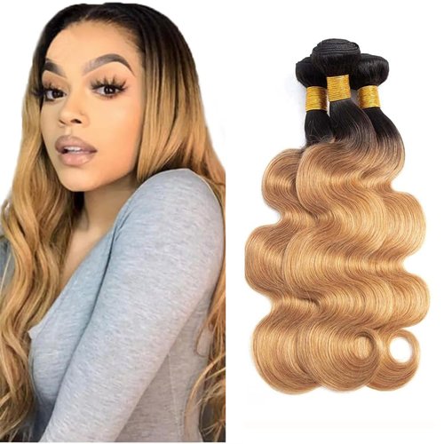 1B/27 Ombre Body Wave Human Hair Bundles 3 Bundles Human Hair 12 14 16Inch 100% Unprocessed Brazilian Virgin Hair Bundles Deals Body Wave Human Hair Extensions(1B/27-BB-12 14 16Inch)