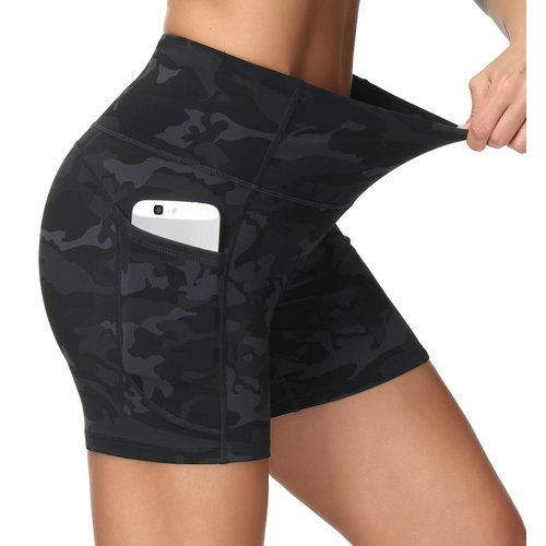 Dragon Fit High Waist Yoga Shorts for Women with 2 Side Pockets Tummy Control Running Home Workout Shorts (Medium, Black&Grey Camo)