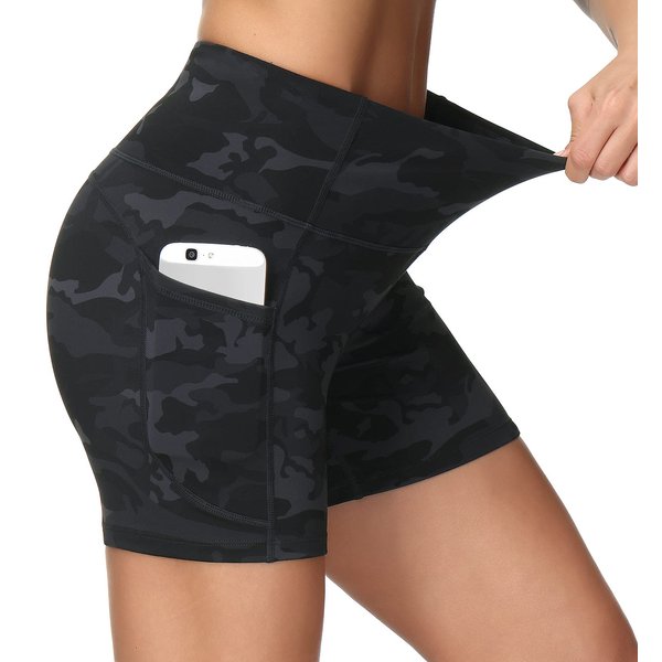 Dragon Fit High Waist Yoga Shorts for Women with 2 Side Pockets Tummy Control Running Home Workout Shorts (Medium, Black&Grey Camo)