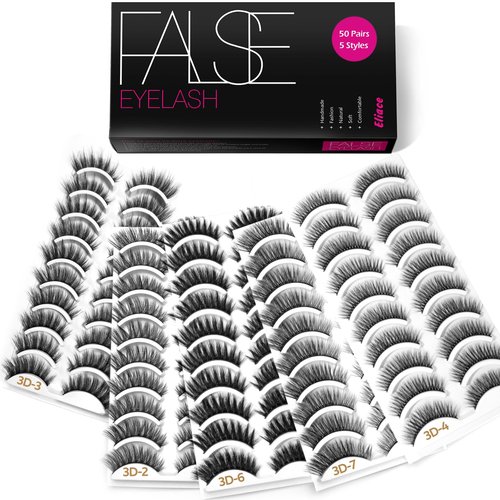 Eliace Eyelashes, 50 Pairs 5 Styles lux Faux Mink Lashes Natural Look Wispy Fluffy Handmade Cat Eye lashes Pack False Eyelashes Set, Comfortable & Lightweight Lashes Strips,Makeup Fake Eyelashes Pack