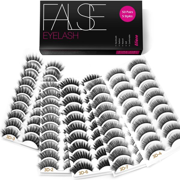 Eliace Eyelashes, 50 Pairs 5 Styles lux Faux Mink Lashes Natural Look Wispy Fluffy Handmade Cat Eye lashes Pack False Eyelashes Set, Comfortable & Lightweight Lashes Strips,Makeup Fake Eyelashes Pack