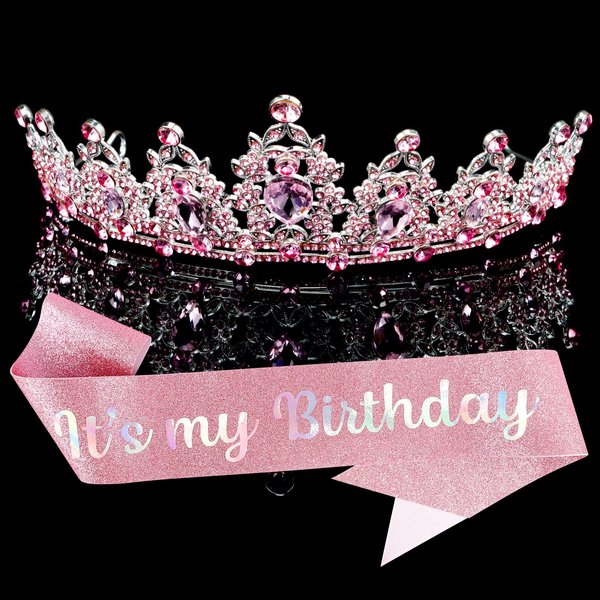 Birthday Crown for Women and It's My Birthday Sash, Birthday Tiaras Set for Girls Happy Birthday Decorations Pink Birthday Headbands Girls Gifts Birthday Accessories for Her Birthday Party