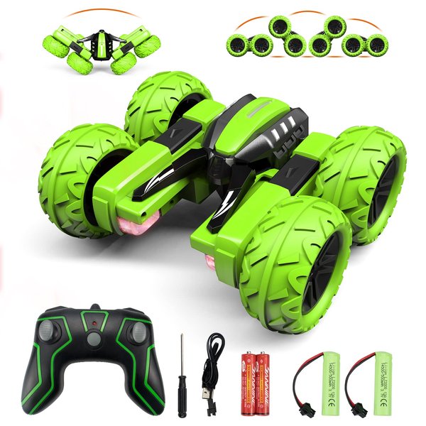 Amicool Remote Control Car for Kids 3-12 Years Old, Birthday Toy for Boys Age 4 5 6 7 8, RC Car Stunt with Light 4WD 2.4Ghz Double Side Rotating Racing Vehicle 360° Flips Offroad Green