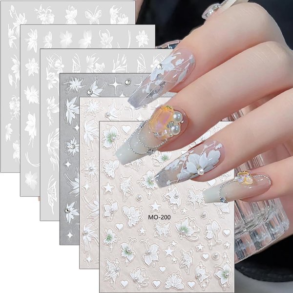 White Flower Nail Art Stickers Decals 5D Embossed Floral Petal with Pearls Rhinestone Nail Design Stickers White Magnolia Flowers Nail Decals Self Adhesive Camellia Flower Stickers for Nail Art 6Pcs