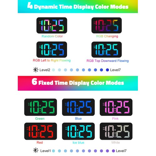 Mesqool Digital Alarm Clock for Bedrooms - Plug-in LED Clock with Dynamic RGB Digits, Dimmable Display & Night Light, 7 Color Options, Adjustable Alarm Volume, DST, 12/24 Hour - Ideal for Kids