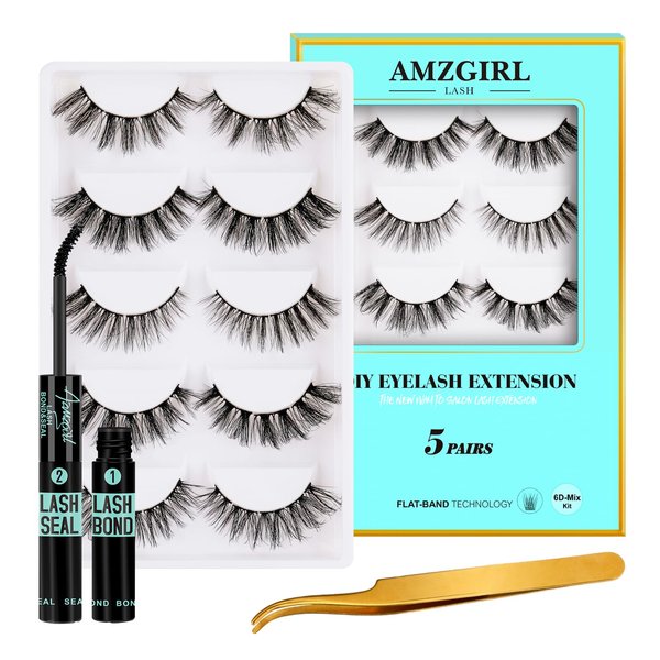 Cluster Lashes Kit ALASH with 5 pairs EyeLash Clusters Wispy, Lash Bond and Seal,Lash Clusters Golden Tweezer at Home Lash Extensions Kits for Beginner(6D 03,D-Mix Kit)